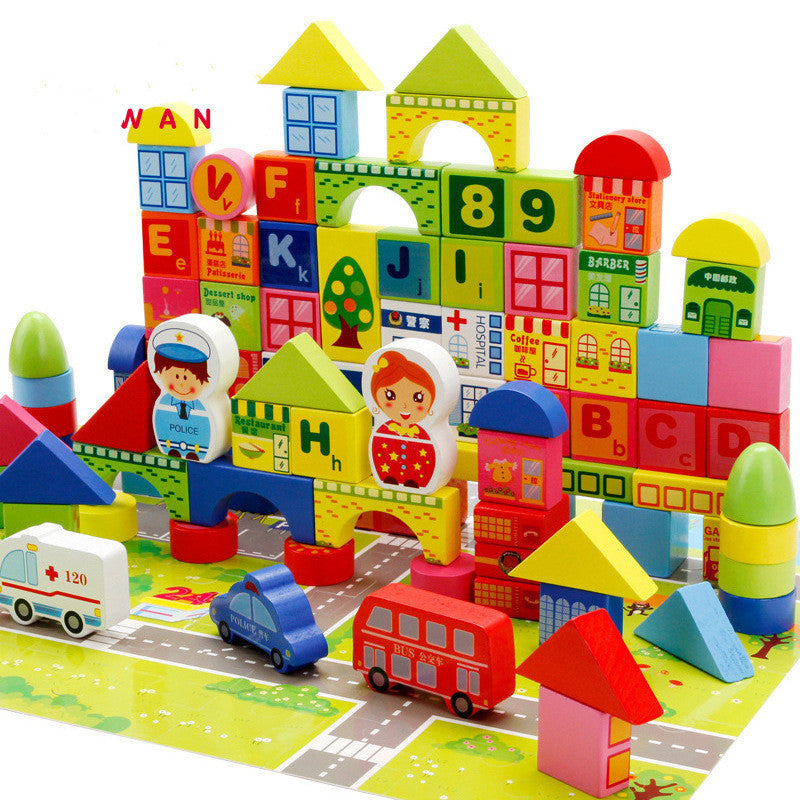 Bunte Holzstadt mit Verkehrsbausteinen – Lernspielzeug für Kinder ab 3 Jahren - MyTooy