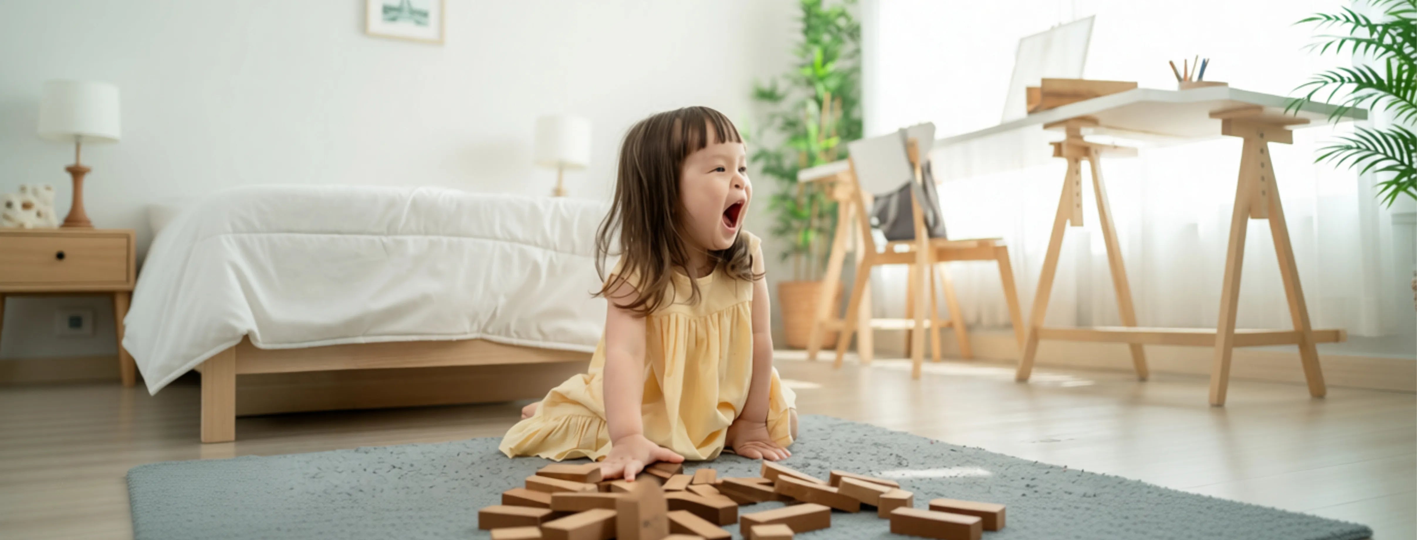 Kleinkind sitzt auf dem Boden und spielt mit Holzbausteinen in einer hellen, natürlichen Wohnumgebung