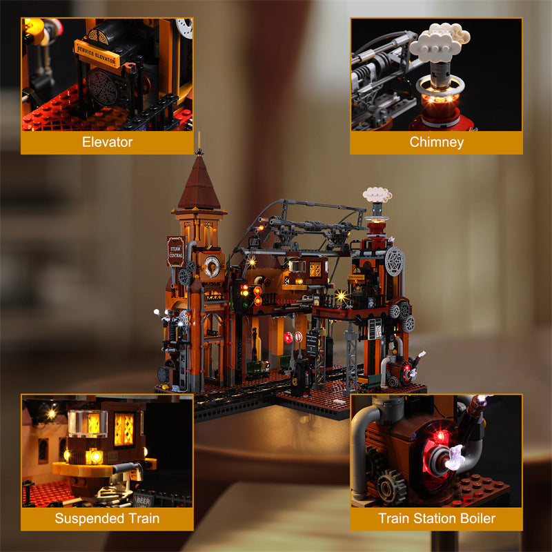 Steampunk Zug Station Bausteine Licht Puzzle Modell Spielzeug