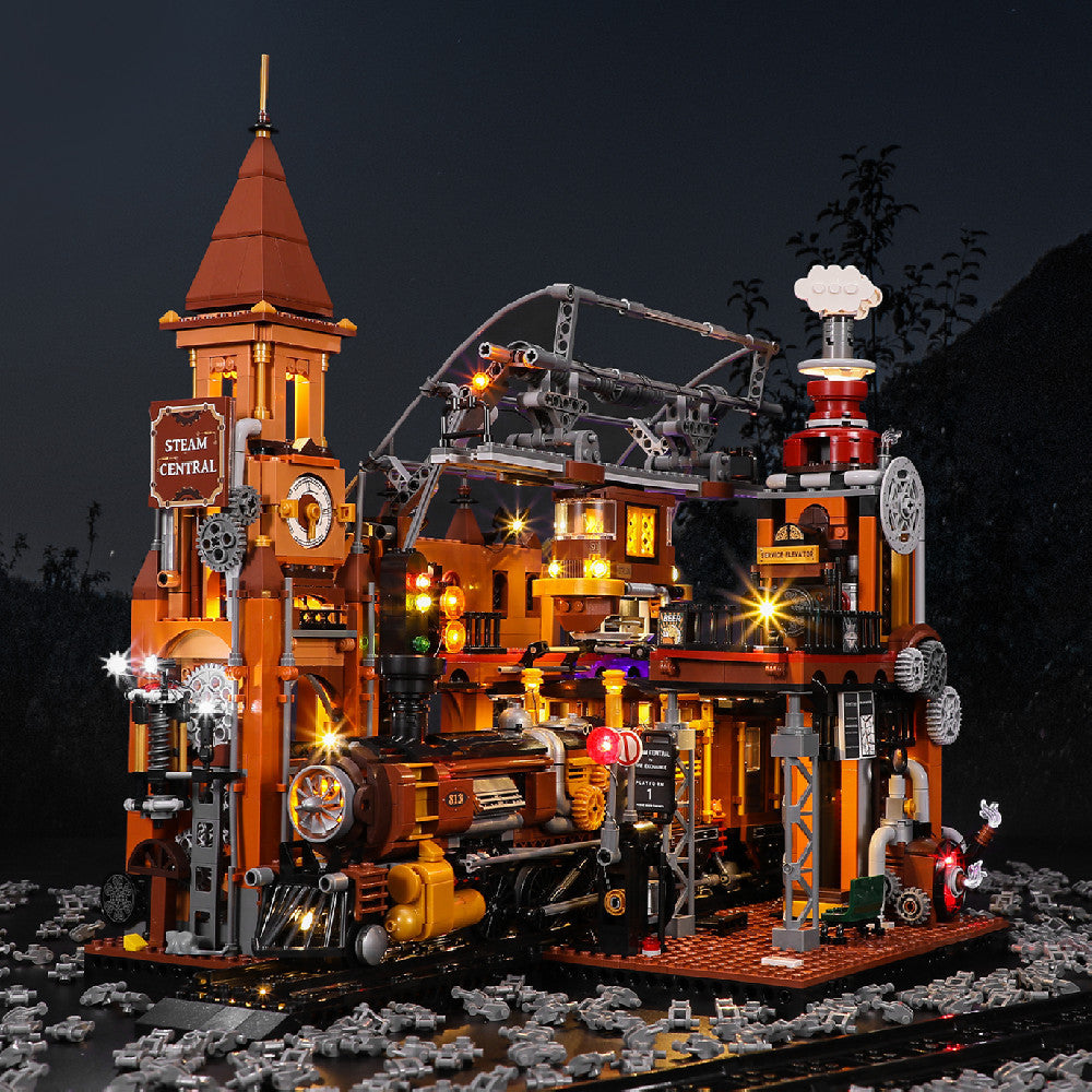 Steampunk Zug Station Bausteine Licht Puzzle Modell Spielzeug