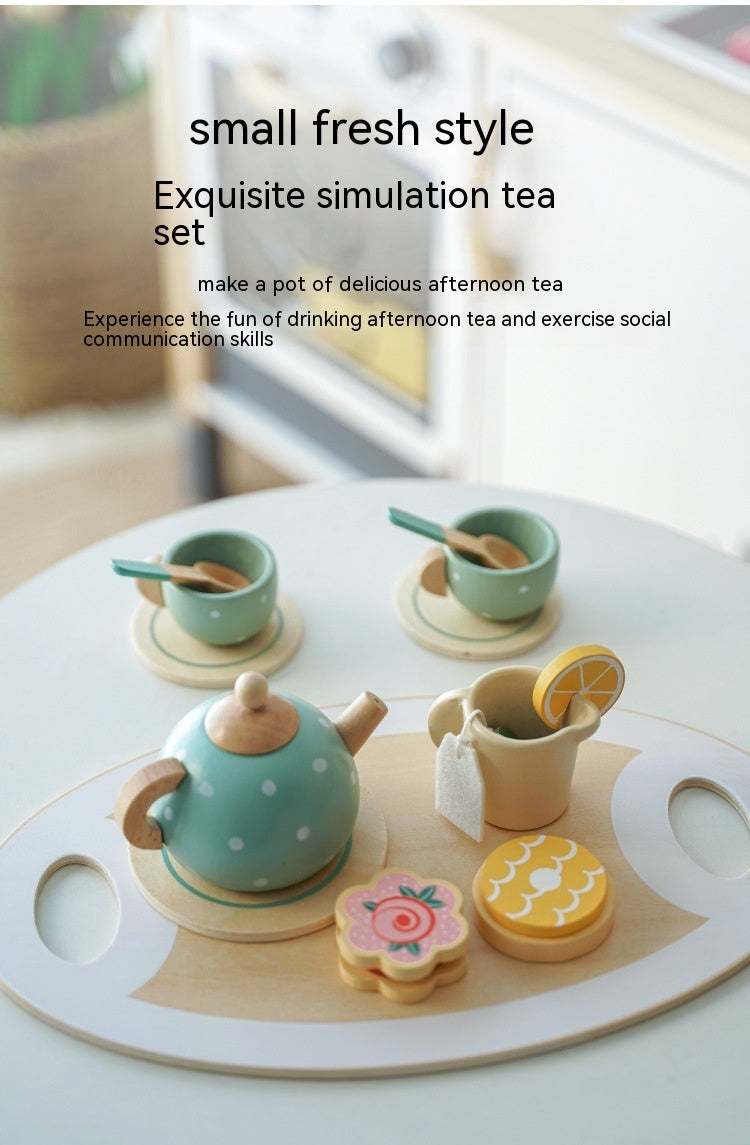 Children Play House Early Education Simulation Afternoon Tea Dessert Cake Sale Tea Making Pot And Cup Tea Set Suit Wooden Toys