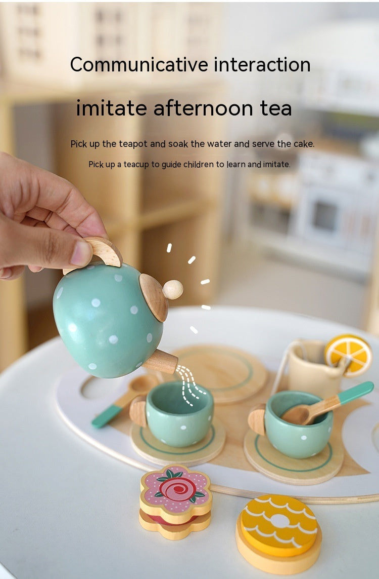 Children Play House Early Education Simulation Afternoon Tea Dessert Cake Sale Tea Making Pot And Cup Tea Set Suit Wooden Toys