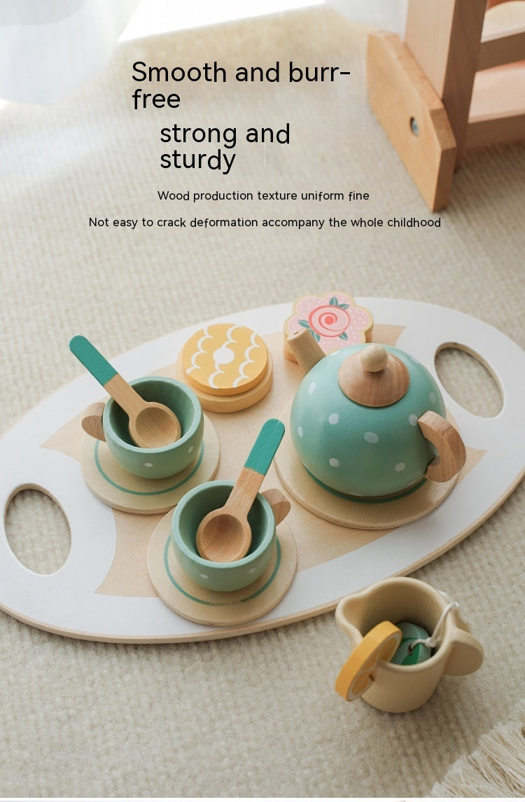 Children Play House Early Education Simulation Afternoon Tea Dessert Cake Sale Tea Making Pot And Cup Tea Set Suit Wooden Toys