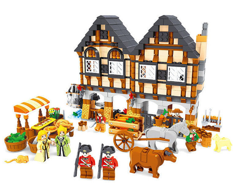 Mittelalterlicher Bauernhof Kleine Partikel DIY Kunststoff Zusammenbau Bauklötze Spielzeug