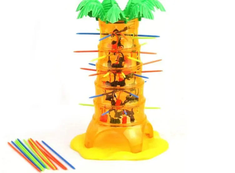 Affespiel mit transparentem Spielbaum und bunten Stäben, ein klassisches Geschicklichkeitsspiel mit fallenden Affen für Kinder