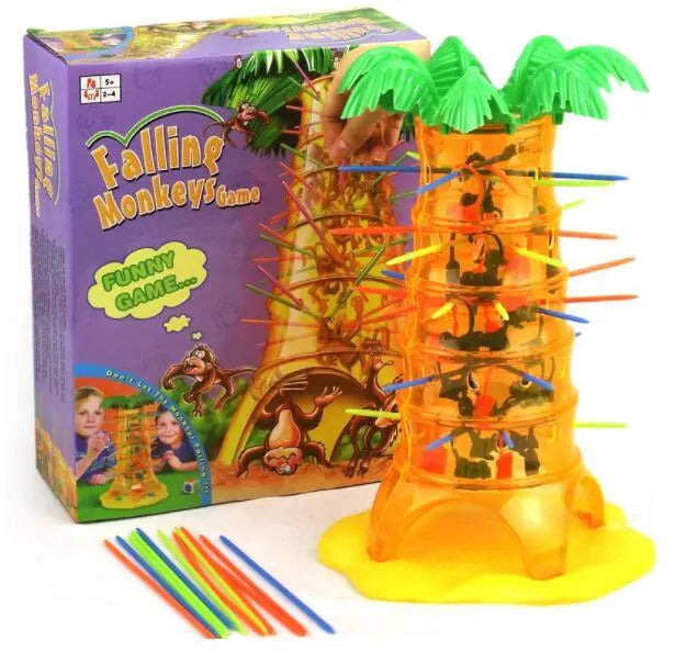 Affespiel mit buntem Spielbaum und fallenden Affen, ein lustiges Geschicklichkeitsspiel für Kinder zur Förderung von Konzentration und Feinmotorik