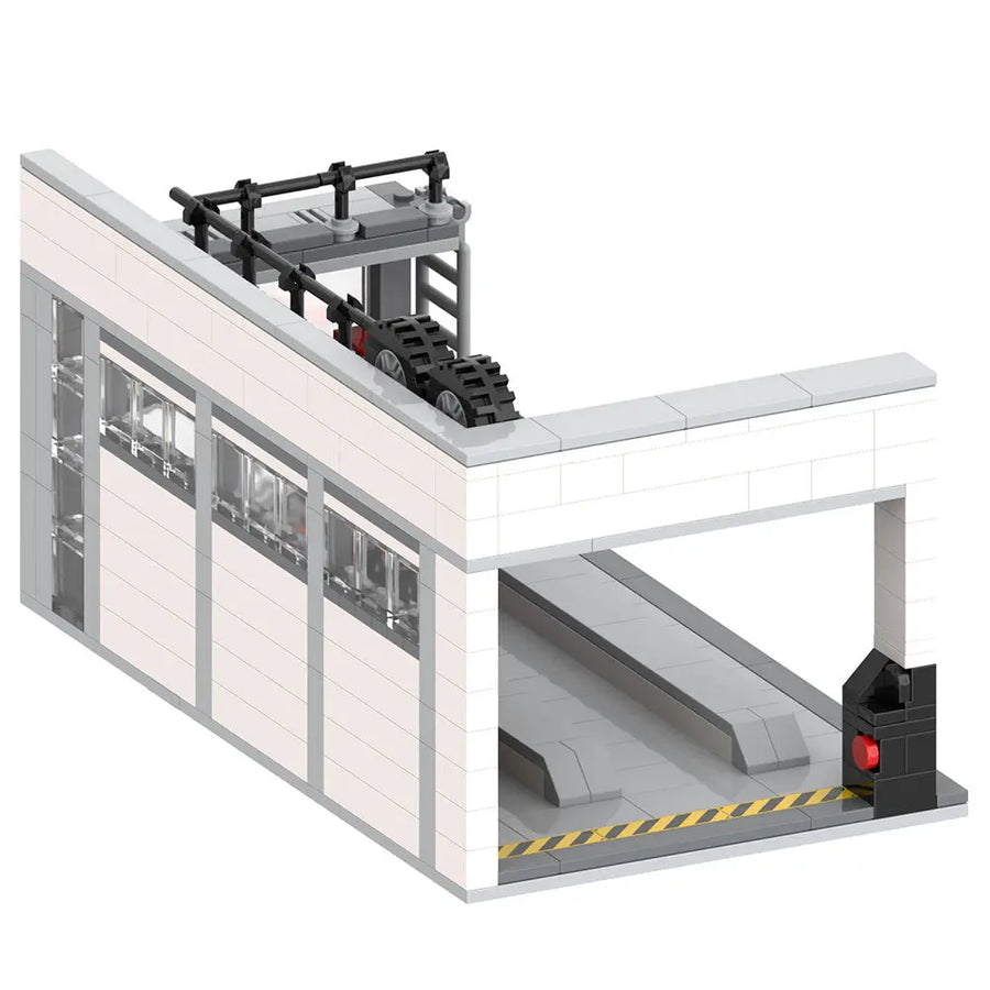 Autowerkstatt Spielzeug Rückansicht mit Einfahrt und Rampe