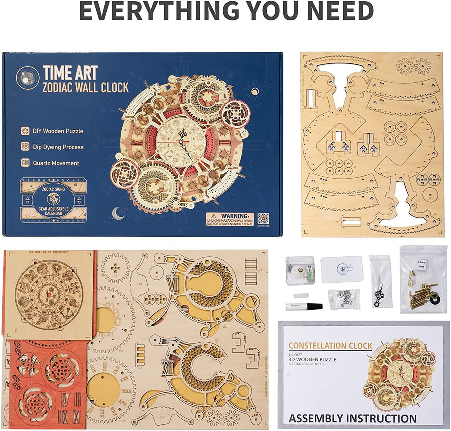 Robotime ROKR Zeit Kunst Zodiac Wanduhr 3D Holz Puzzle Spiele Modell Gebäude Kits Spielzeug für Kinder Kinder