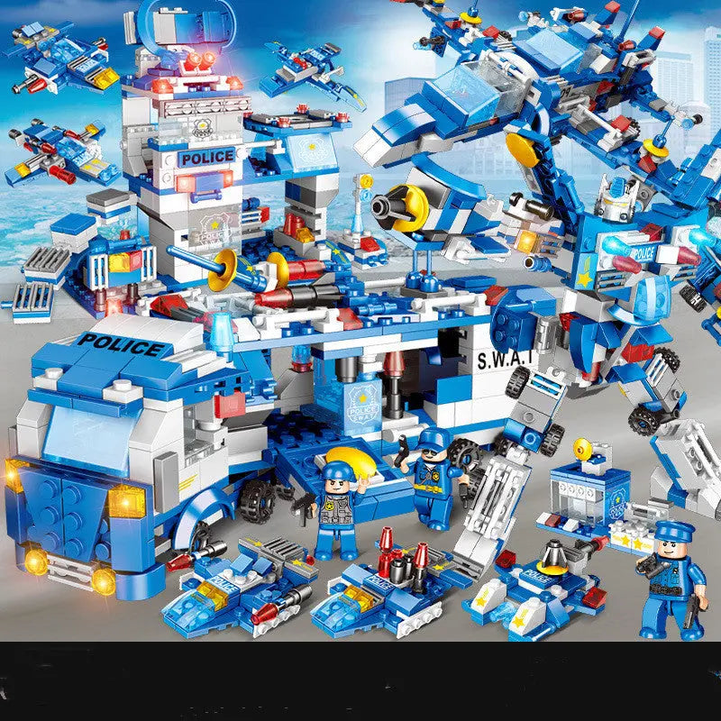 Zukunfts Einsatzfahrzeuge als wandelbare Klemmbaustein Modelle für Kinder