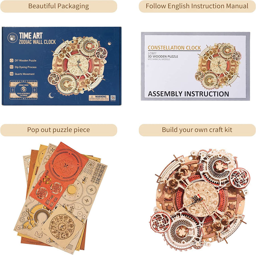 Robotime ROKR Zeit Kunst Zodiac Wanduhr 3D Holz Puzzle Spiele Modell Gebäude Kits Spielzeug für Kinder Kinder