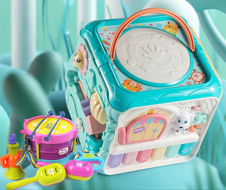 Baby-Handtrommel, Kinder-Puzzle, Frühe Bildung 8-Puzzle-Babyspielzeug, 2 Musik-Hexaeder