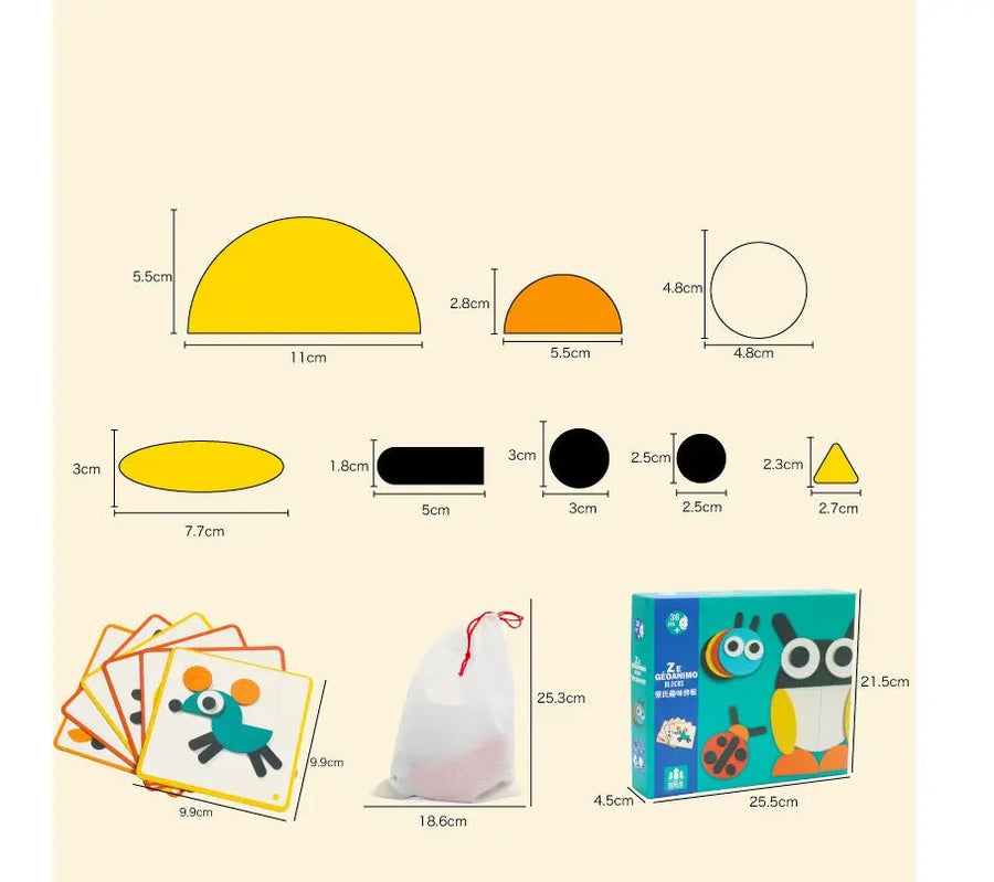 Übersicht der Größen und Maße der Holzpuzzle-Teile, Karten und Verpackung