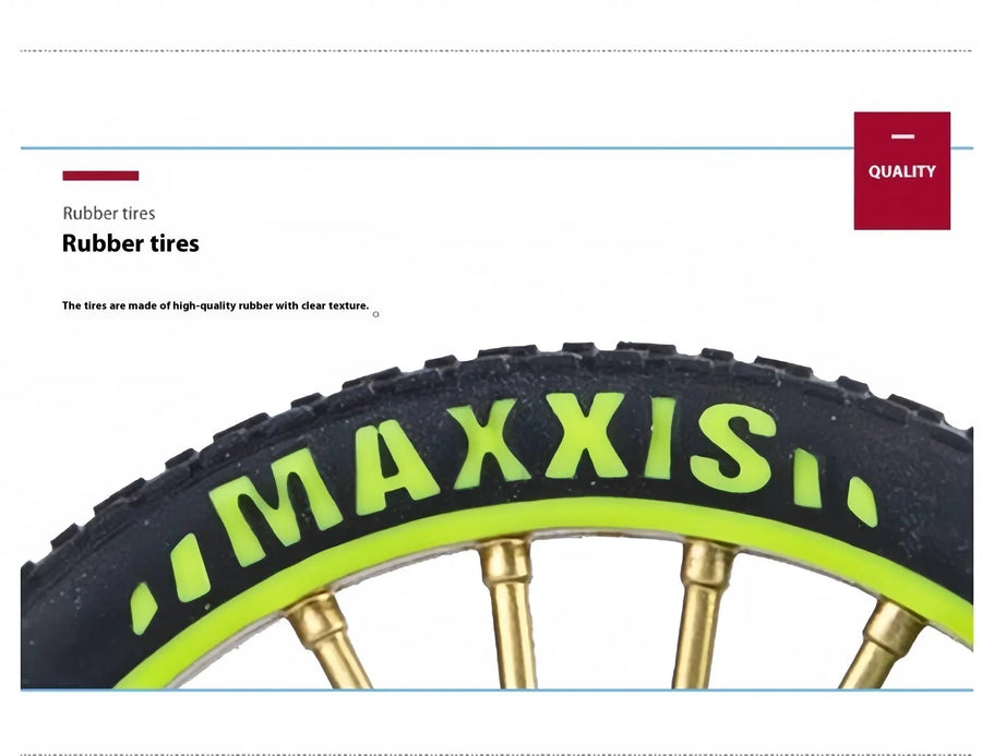 Detailansicht eines Mountainbike Modells mit strukturierten Gummireifen für realistische Optik