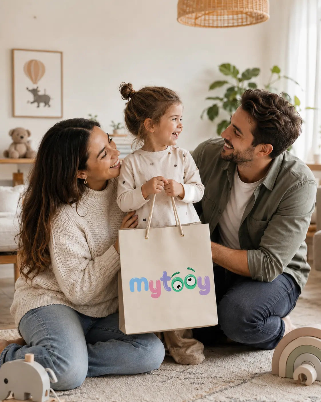 Glückliche Familie mit Kind und MyTooy Tasche in einem hellen Zuhause