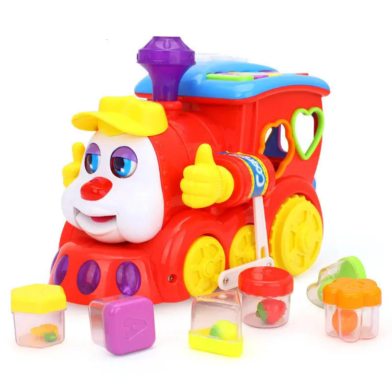 Seitliche Ansicht des bunten Baby Lernspielzeug Autos mit Rollen, Greifelementen und transparenten Formbehältern