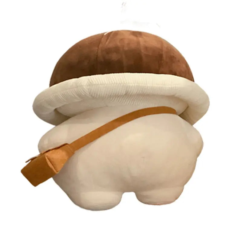 Pilz kuscheltier Rueckenansicht, weiches Plueschdesign mit braunem Hut und Umhaengetasche